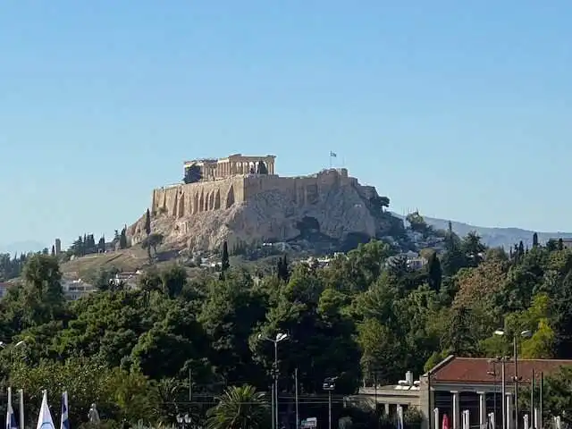 View of the Acropolis from Panathenaic Stadium. (The picture is zoomed as much as my phone allows. It's not that close.)