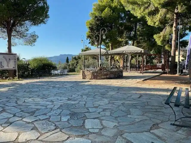A portion of the town square as seen from my bench