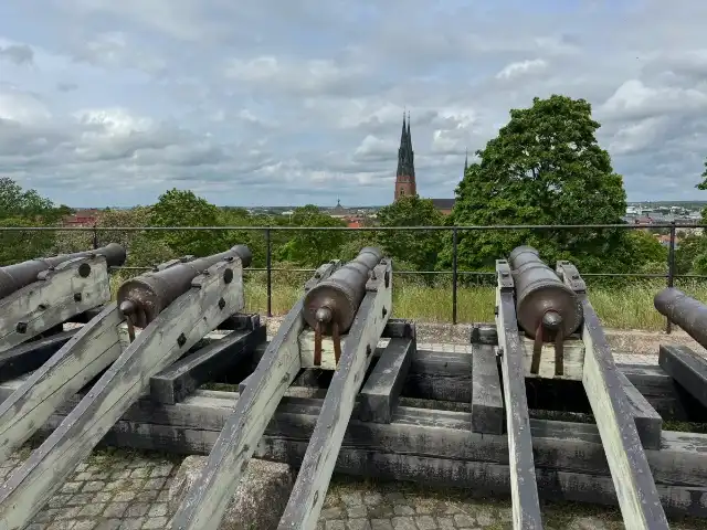 Cannons on the mound beside Uppsala Slott, pointed at the cathedral