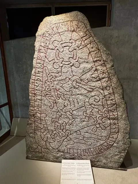 A replica of a rune stone at the Gamla Uppsala Museum