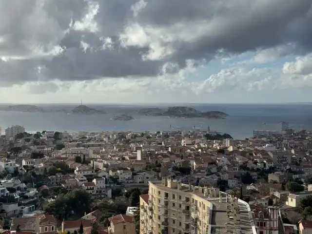 A view past Marseille and out to se from beside Notre-Dame de la Garde