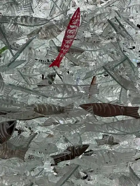 Close-up of some of the fish in the fish structure in the Cathédrale de la Nouvelle Major