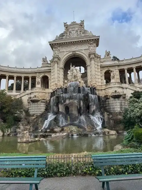 Waterfall and statuary at the entrance to Palais Longchamp