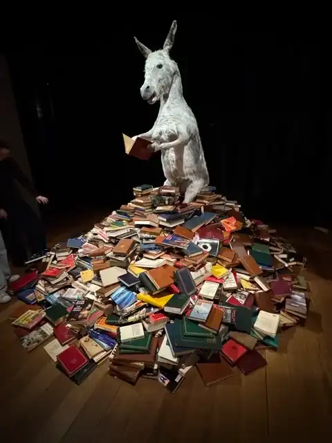 A donkey reading a book and sitting on a pile of books at Mucem