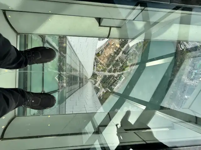 My feet briefly, but entirely planted on a glass floor of one of the tower's observation decks.