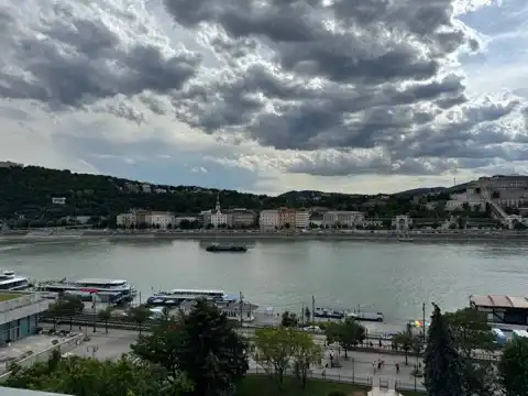 Looking across the Danube to the Buda side from the terrace of Pesti Vigadó on the Pest side of Budapest, Hungary