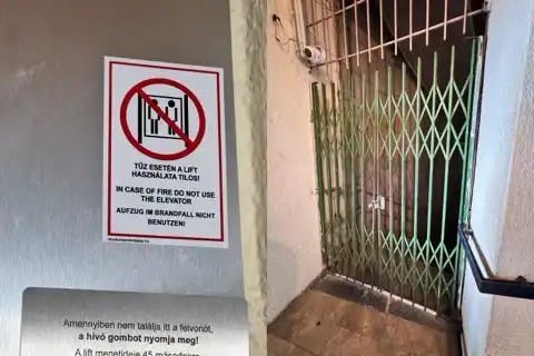 Left: Sign beside the elevator at the deck level of the Pécs TV Tower.Right: The only stairs down.