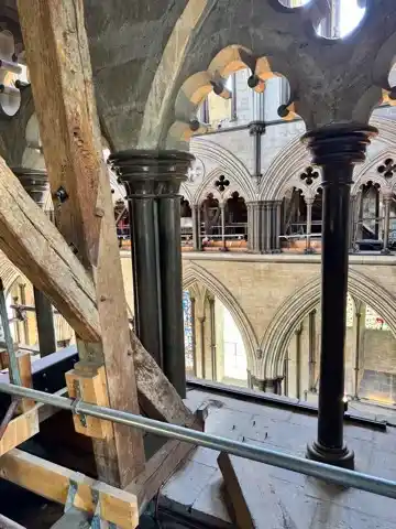 A view across the Salisbury Cathedral nave from the triforium. 