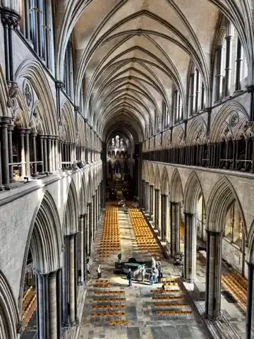 Looking down along the length of the nave from the Salisbury Cathedral triforium